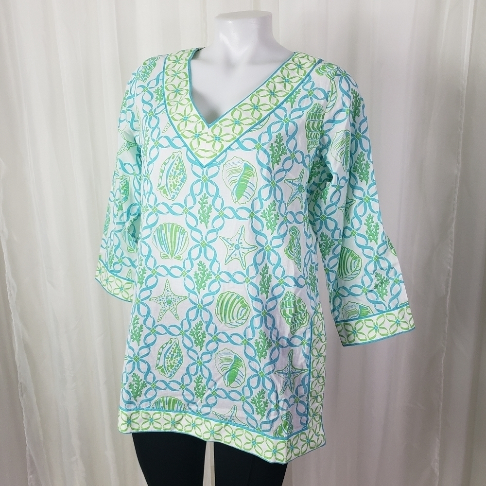 Gretchen Scott 100% cotton V-neck tunic blue green white floral size small